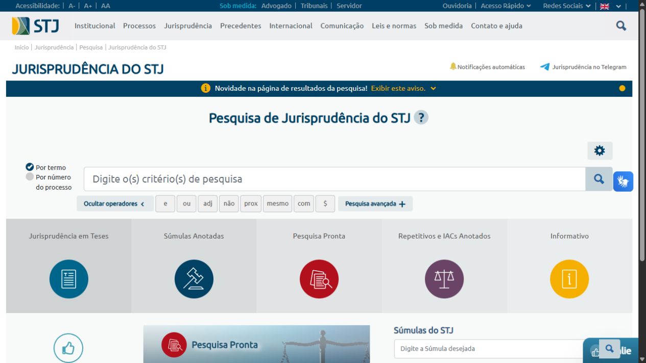 Tela oficial da SCON do STJ com campo de consulta, operadores e acesso à pesquisa avançada